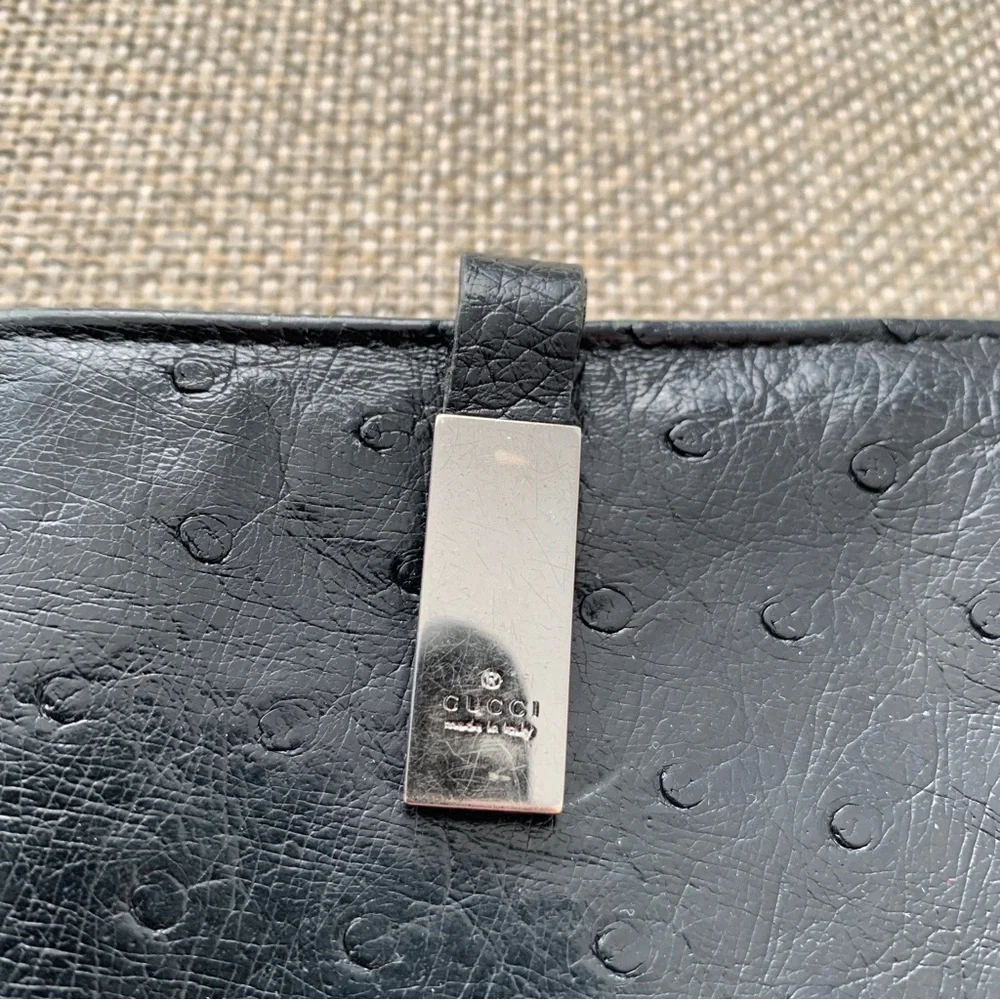 Gucci Ostrich Leather Black Wallet Compact Bifold Coin Pocket Italy Designer - Picture 2 of 12